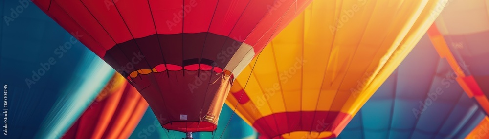 Fototapeta premium Close-up of vibrant hot air balloons floating in the sky during a sunny day, showcasing colorful patterns and a lively atmosphere.