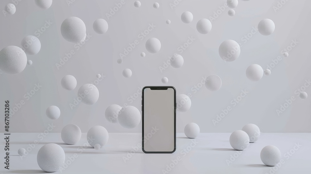 3D rendering of a white smartphone screen surrounded by many chat symbols. White screen of a smartphone 3D rendering of a white smartphone screen surrounded by many chat symbols. White screen of a smartphone