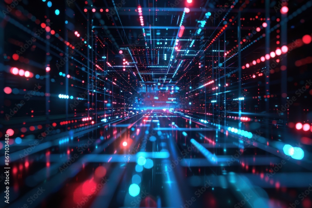 Futuristic Technology. Glowing Data Streams Flowing Through Digital Tunnel, Concept of Big Data, Cybersecurity, AI Futuristic Technology. Glowing Data Streams Flowing Through Digital Tunnel, Concept of Big Data, Cybersecurity, AI