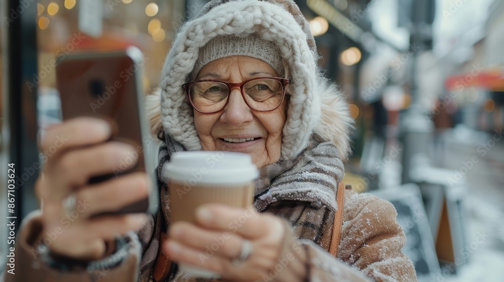 Senior woman holding a smartphone and coffee cup in a snowy city Senior woman holding a smartphone and coffee cup in a snowy city