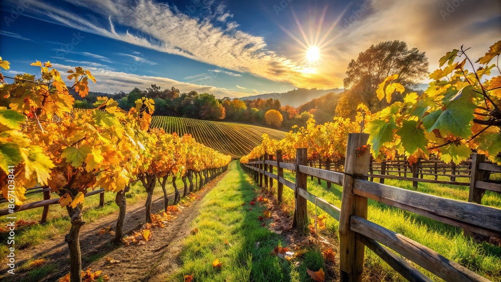 Fototapeta premium Vineyard landscape with lush green grapevines, yellowing leaves, and rustic wooden fence under a warm sunny harvest season atmosphere.