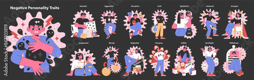 Negative Personality Traits set. Flat vector illustration.