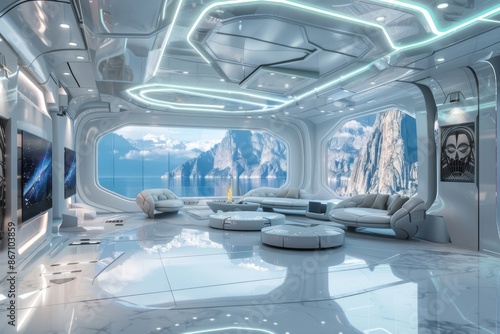 Fototapeta Naklejka Na Ścianę i Meble -  Futuristic interior design of a luxury spaceship or home, featuring sleek white furniture, ambient lighting, and panoramic views