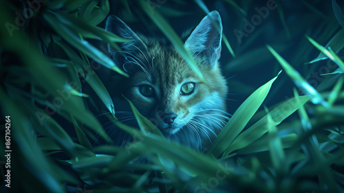 Close-up of a wild cat hiding in lush green foliage at night, highlighting its piercing eyes and natural camouflage abilities.