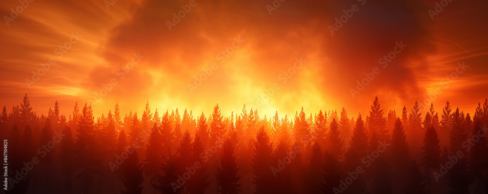 Dramatic forest fire raging through wooded area with intense flames and thick smoke, highlighting the power and danger of wildfires. Dramatic forest fire raging through wooded area with intense flames and thick smoke, highlighting the power and danger of wildfires.