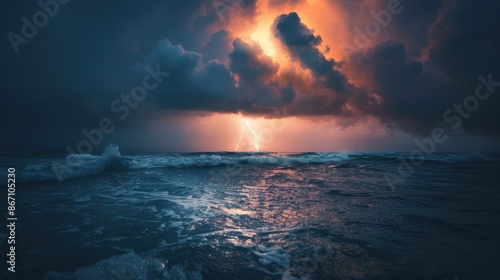 Dramatic seascape with vibrant lightning storm, dark clouds, and churning ocean waves at dusk, capturing the raw power of nature. photo