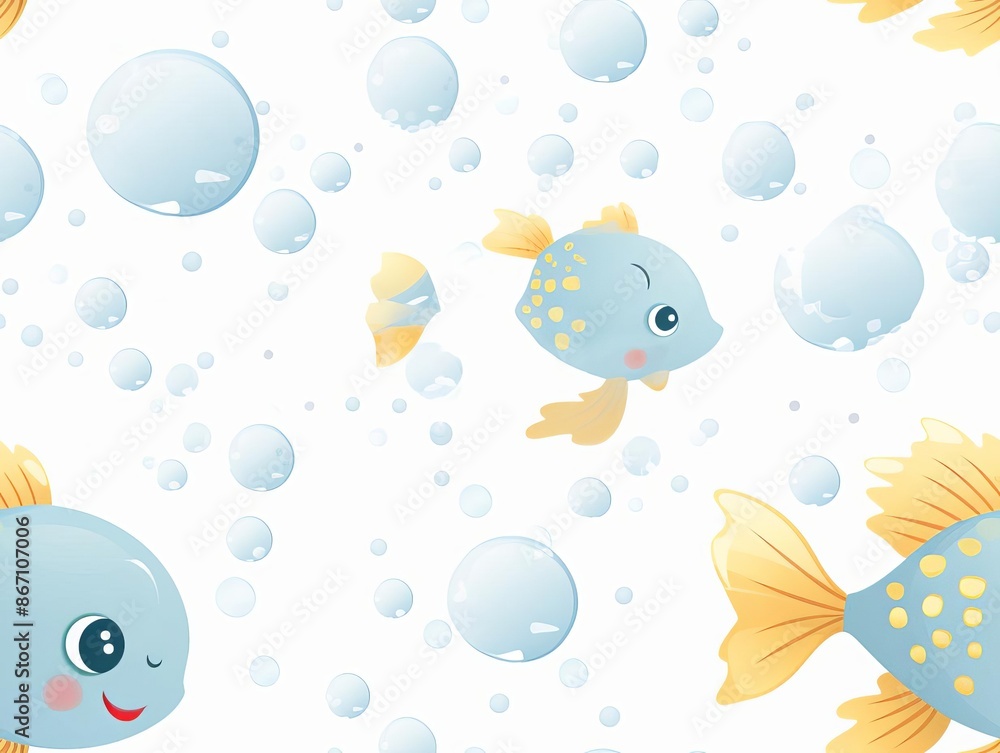 Baby fish and bubbles pattern, underwater theme, cartoon style, soft blues and yellows, isolated on white background Baby fish and bubbles pattern, underwater theme, cartoon style, soft blues and yellows, isolated on white background