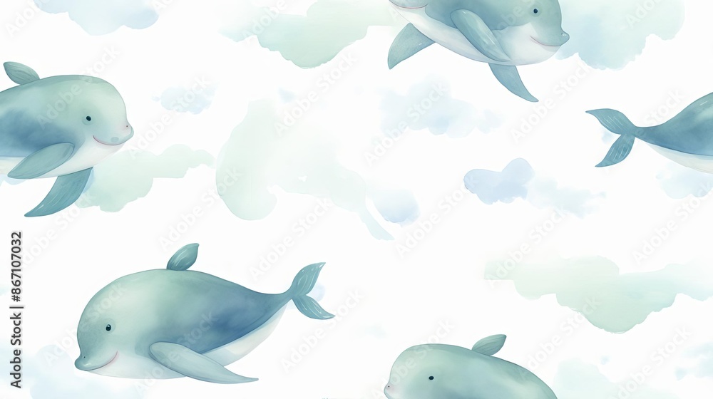 Baby whales and waves pattern, ocean theme, watercolor style, soft blues and greens, isolated on white background Baby whales and waves pattern, ocean theme, watercolor style, soft blues and greens, isolated on white background