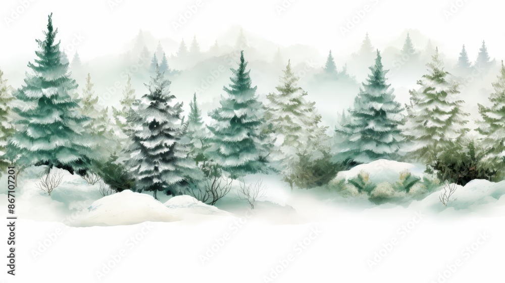 Obraz premium Frosty pine trees and snowdrifts pattern, winter scenery, detailed illustration, cool greens and whites, isolated on white background