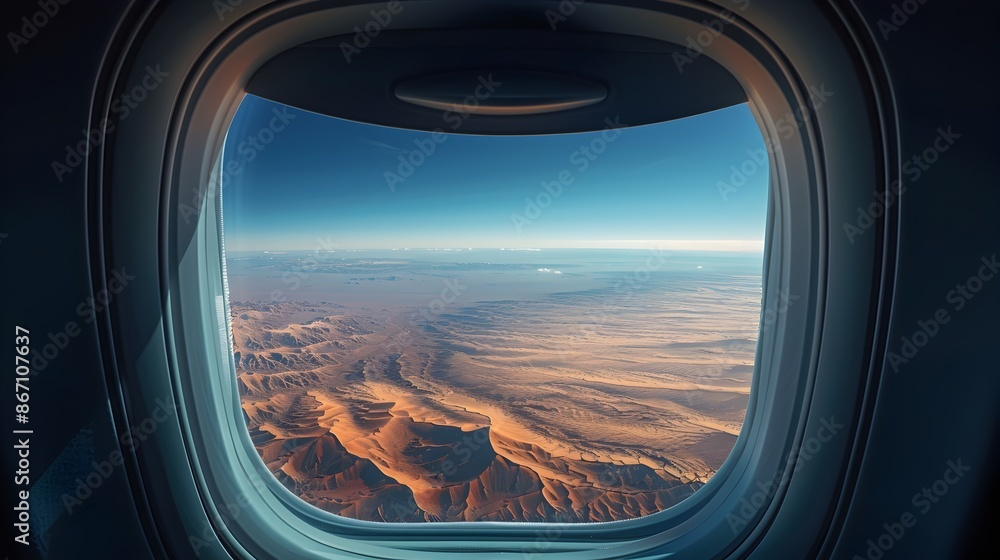 Expansive Desert Landscape Viewed from Airplane Window with Clear Blue Sky Above Expansive Desert Landscape Viewed from Airplane Window with Clear Blue Sky Above