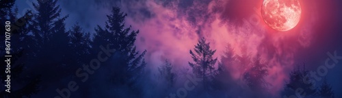 Ethereal view of the night sky with a pink moon rising over silhouetted forest trees shrouded in mist, creating a mystical atmosphere.