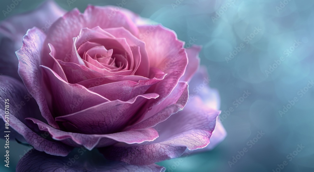 Closeup of a Purple Rose With Soft Pink Edges Against a Light Blue Background Closeup of a Purple Rose With Soft Pink Edges Against a Light Blue Background
