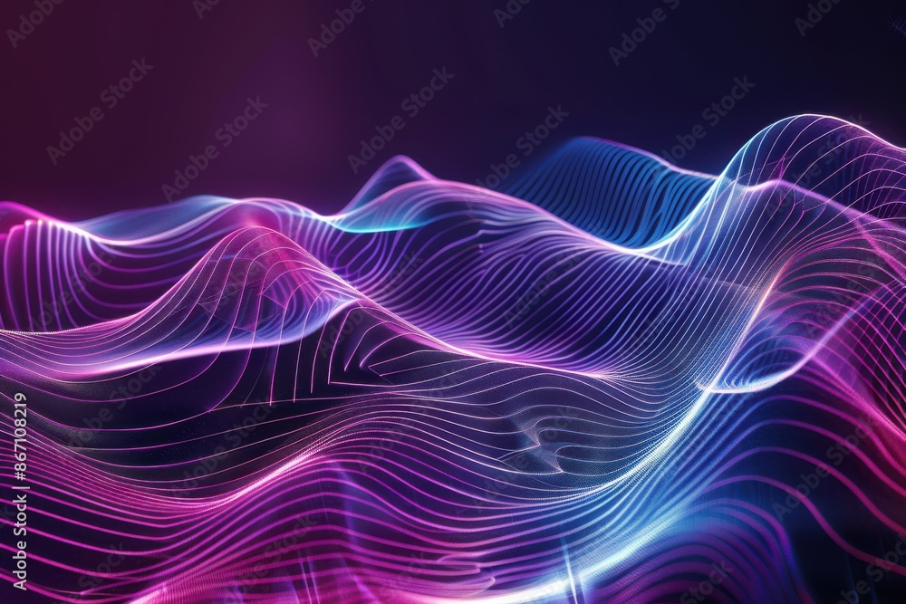 Abstract flowing lines and waves in neon purple and blue, futuristic digital art background. Concepts. technology, music, energy, data Abstract flowing lines and waves in neon purple and blue, futuristic digital art background. Concepts. technology, music, energy, data