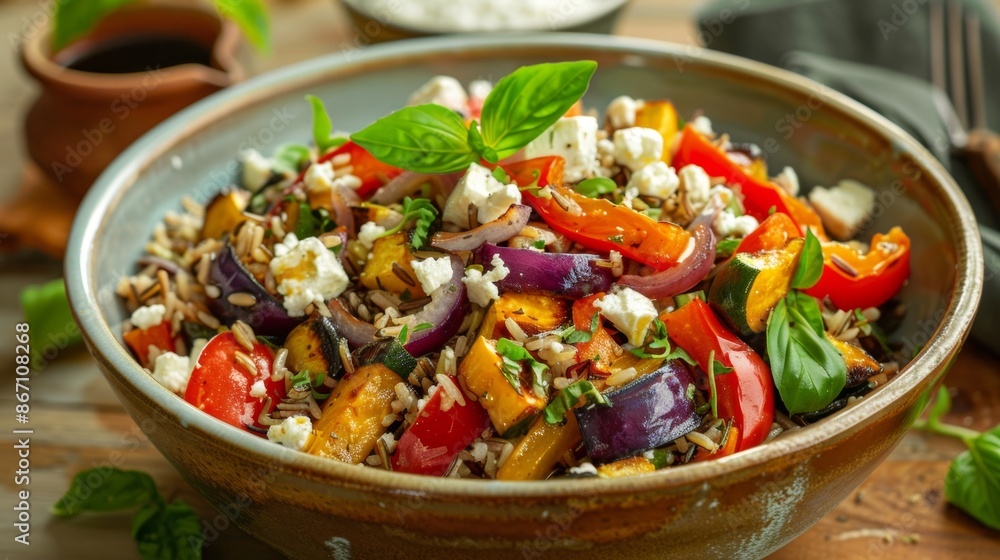 A bowl of chilled wild rice and roasted vegetable salad tossed in a tangy balsamic dressing and topped with foraged feta cheese.
