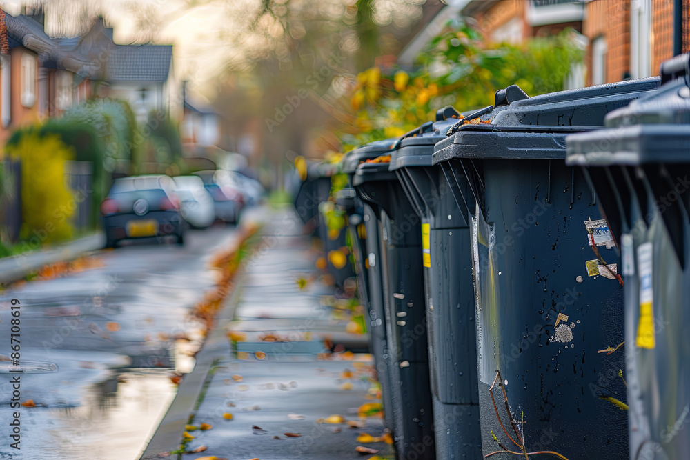 Row of garbage bins ready for collection on a residential street, waste management Row of garbage bins ready for collection on a residential street, waste management