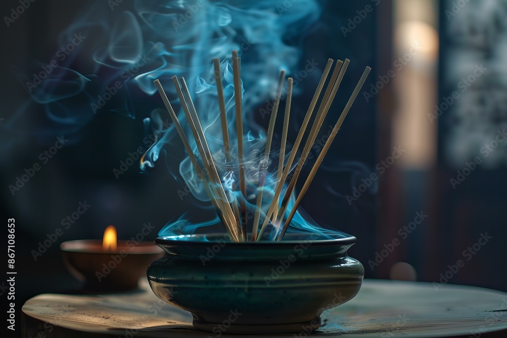 Blue aromatic smoke rising from incense sticks burning in a blue ceramic burner Blue aromatic smoke rising from incense sticks burning in a blue ceramic burner