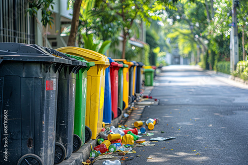 Row of garbage bins ready for collection on a residential street, waste management photo