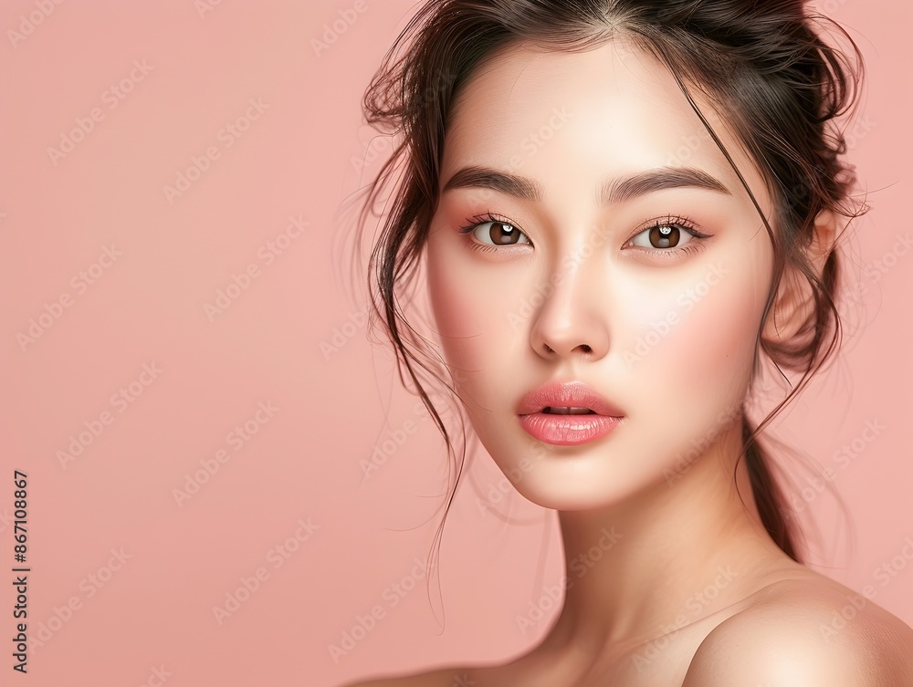 Captivating Portrait of Radiant Asian Woman with Flawless Skin and Minimal Makeup in Peach Toned Captivating Portrait of Radiant Asian Woman with Flawless Skin and Minimal Makeup in Peach Toned