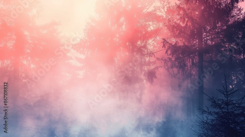 Magical sunrise in a misty forest with vibrant red and blue fog creating an ethereal and whimsical atmosphere. © kitidach