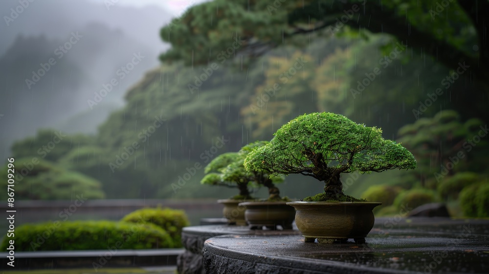 Tranquil Japanese Garden with Bonsai Trees in the Rain Tranquil Japanese Garden with Bonsai Trees in the Rain
