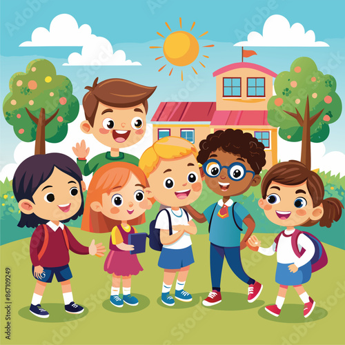 Cartoon group of elementary school kids in the school yard vector