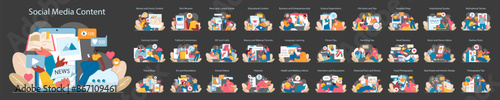 Social Media Content set. Diverse online engagement scenes, from news to DIY.
