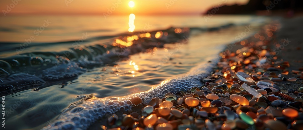 Stunning Sunset Over a Beach with Colorful Sea Glass and Gentle Waves Stunning Sunset Over a Beach with Colorful Sea Glass and Gentle Waves