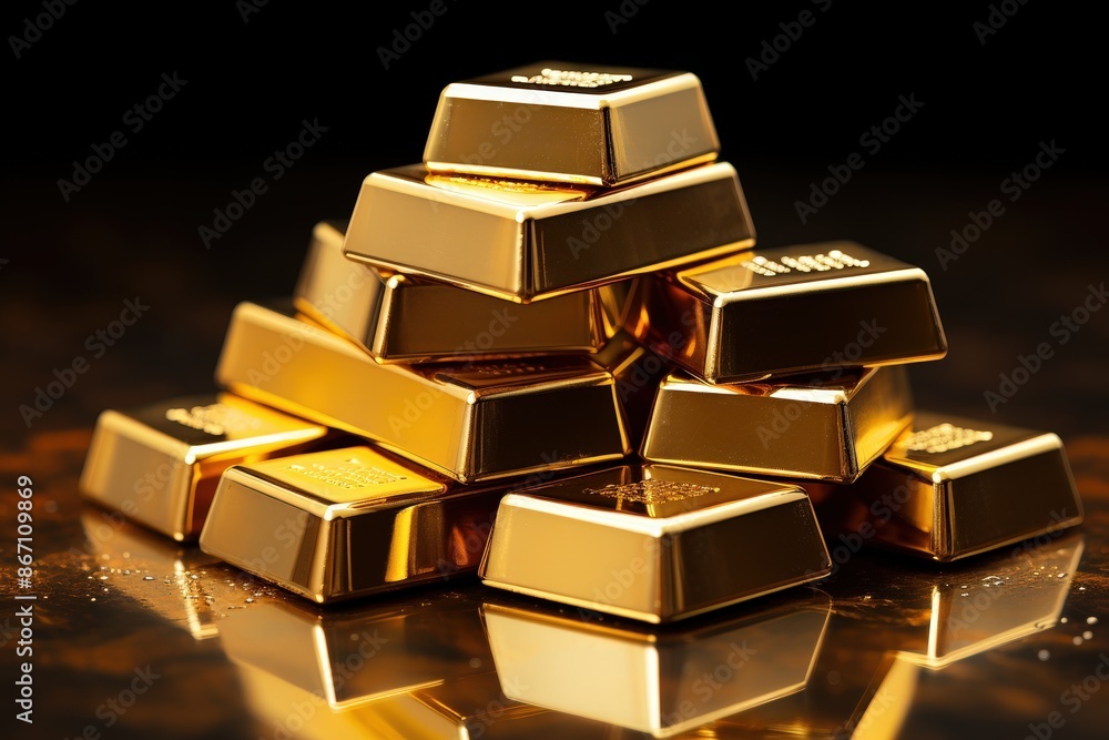 Gold Bars Stacked on a Reflective Surface Gold Bars Stacked on a Reflective Surface