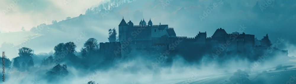 Castle on hill, medieval architecture, misty morning, majestic presence, close up, focus on, copy space, vibrant tones, Double exposure silhouette with rolling hills Castle on hill, medieval architecture, misty morning, majestic presence, close up, focus on, copy space, vibrant tones, Double exposure silhouette with rolling hills