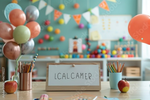 Children's classroom decorated with balloons and a welcome sign. Educational and festive environment with colorful decorations.