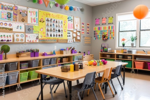 Bright and colorful classroom setup with organized supplies, engaging decor, and large windows providing ample natural light.