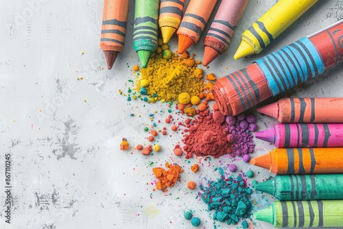 Colorful crayons scattered on white surface, with vibrant pigment powder creating a vivid, artistic composition. Ideal for art and creativity themes.