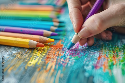 Close-up of a hand drawing with colored pencils on textured paper, showcasing vibrant hues and artistic creativity.