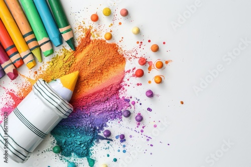 Colorful crayons and powder with small round beads on white background, creating an artistic and vibrant display of colors and creativity.