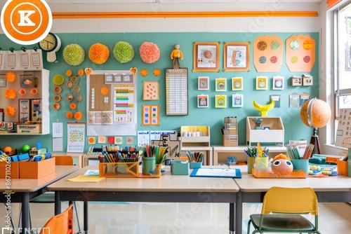 Colorful elementary classroom with vibrant decorations and organized learning supplies, ideal for education or back-to-school projects.
