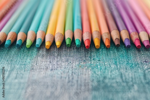 Colorful pencils arranged neatly on a textured surface, showcasing a vibrant spectrum of shades for art, design, and creative projects.