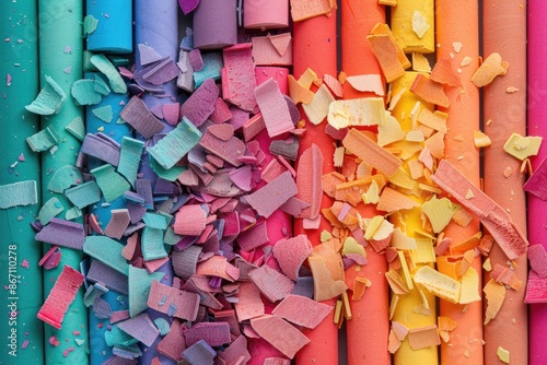 Colorful pastel chalks arranged in a row with broken pieces in vibrant hues, perfect for art and creativity themes.