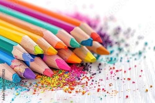 Colorful set of sharpened colored pencils and vibrant glitter on white background, perfect for art, creativity, and school projects.