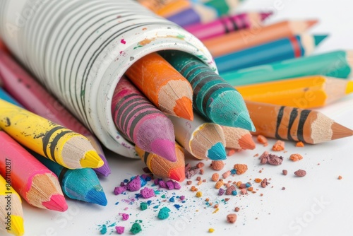 Colorful pencils spilling out of a container, showcasing vibrant and broken tips alongside scattered pencil shavings on a white background.