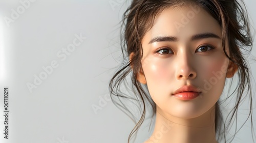 Radiant Asian Woman with Flawless Skin in Serene Minimalist Setting
