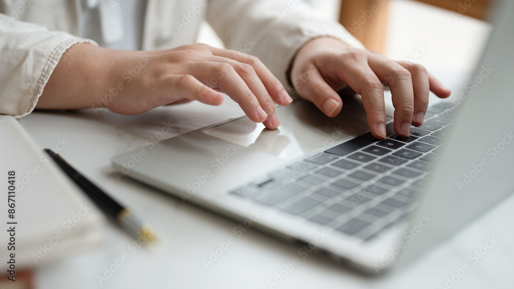 Close up hands typing keyboard on labtop. Businesswoman work during technology online connection business. Close up hands typing keyboard on labtop. Businesswoman work during technology online connection business.