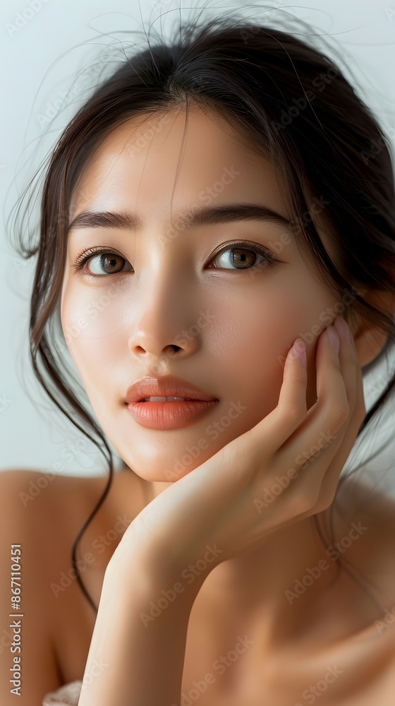 Radiant and Serene Asian Beauty Portrait with Flawless Skin and Captivating Gaze Radiant and Serene Asian Beauty Portrait with Flawless Skin and Captivating Gaze