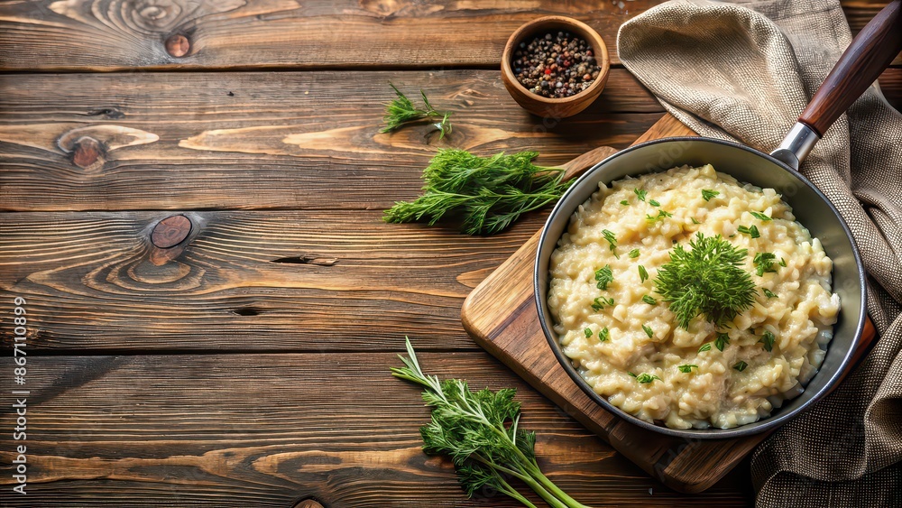 Pan with creamy fennel risotto served on a wooden table , food, Italian, cuisine, gourmet, dish, delicious, meal, lunch Pan with creamy fennel risotto served on a wooden table , food, Italian, cuisine, gourmet, dish, delicious, meal, lunch