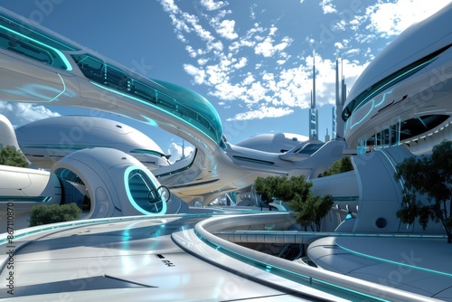 Futuristic Cityscape with Modern Architecture and Skywalks. Concept of Future City, Utopia, and Innovation. © chesleatsz