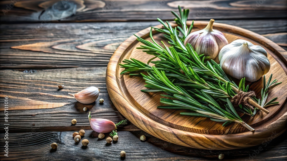 Fresh rosemary and garlic on a rustic wooden plate , herbs, spices, cooking, culinary, ingredients, seasoning Fresh rosemary and garlic on a rustic wooden plate , herbs, spices, cooking, culinary, ingredients, seasoning