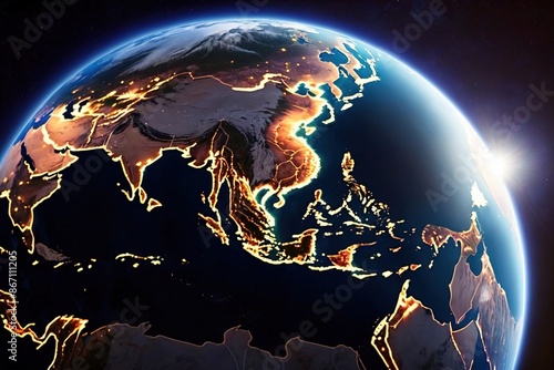 Digital blue planet Earth, glowing light illustration 