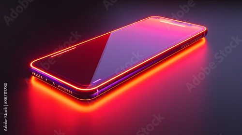 3D model of a sleek smartphone on a red to black gradient backdrop, neon glow effect, rendered in Blender, vibrant pink and orange highlights, minimalist design. © horizon