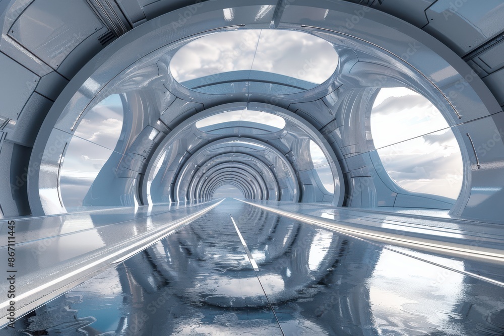 Futuristic spaceship interior with glowing tunnel, metallic corridor and blue sky view. Concept of science fiction, space travel, and futuristic architecture. Futuristic spaceship interior with glowing tunnel, metallic corridor and blue sky view. Concept of science fiction, space travel, and futuristic architecture.