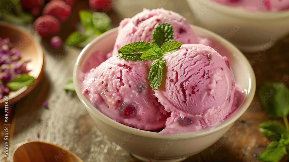 Bowl of pink ice cream garnished with mint leaves and served with fresh berries in a cozy setting Bowl of pink ice cream garnished with mint leaves and served with fresh berries in a cozy setting