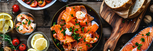  food and dishes on black stone background,
Collage of food and dishes of meat fish and vegetables
